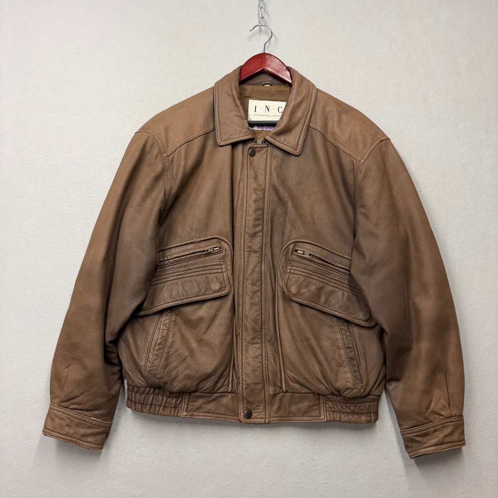 INC Bomber Jacket Mens L Brown Genuine Leather Quilted Pockets Vintage V91